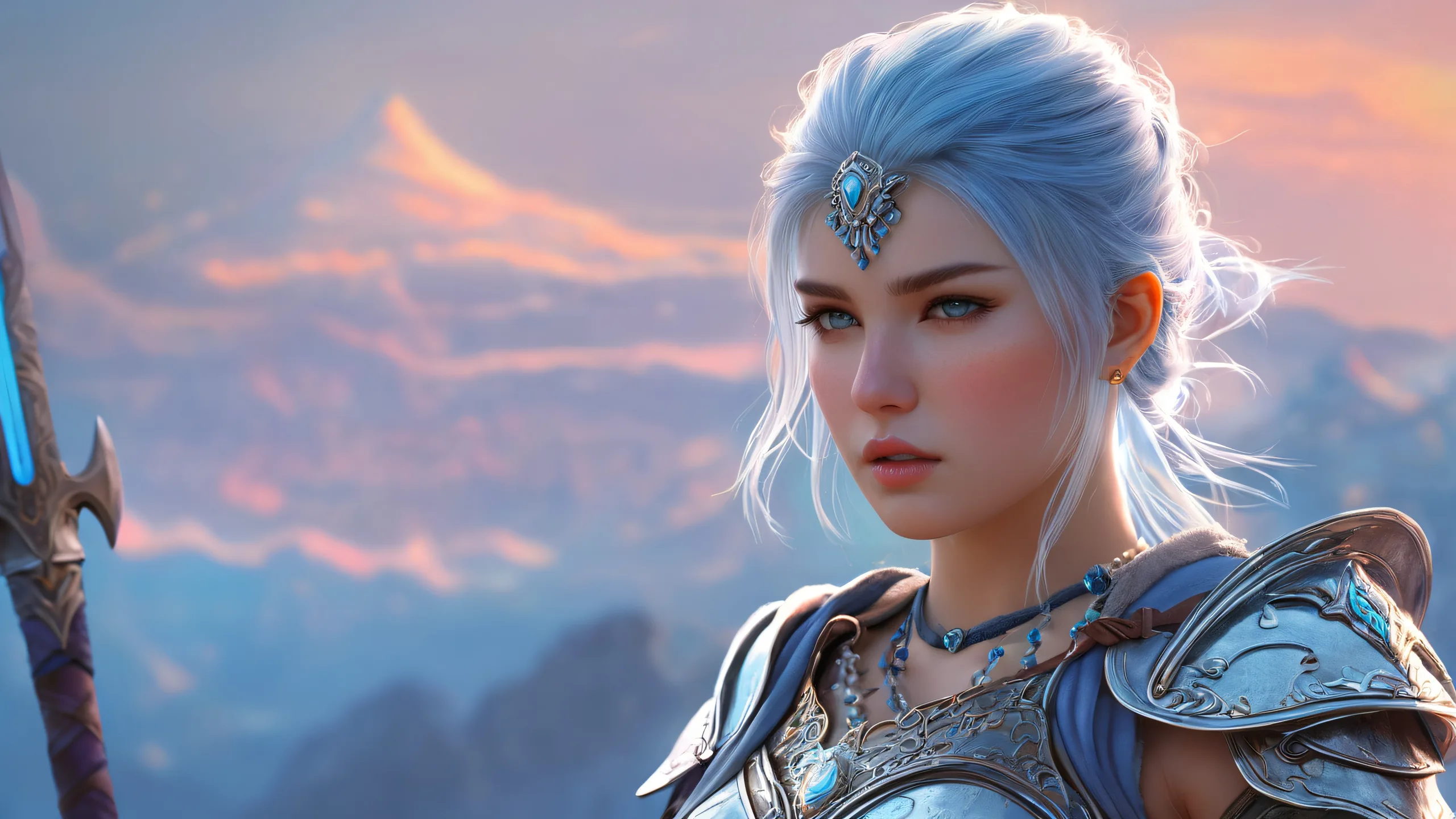 A majestic female warrior stands against a mystical misty background on a desktop/PC.