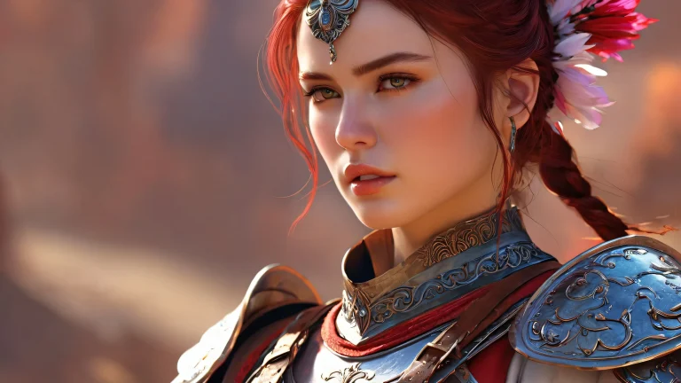 A majestic female warrior stands amidst a vast, pur vide, with misty atmosphere and radiant colors on a desktop or PC.