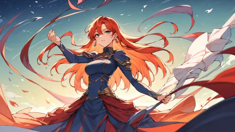 A perfectly clean vast pure void with a Redhead Warrior Woman standing in front of a stunning anime illustration depicting a beautiful sky and subtle checkered patterns, emphasizing her presence on a Desktop/PC.