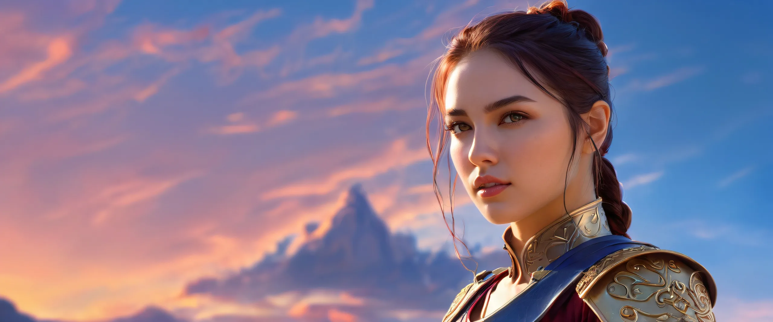 A majestic solo female warrior stands against a vast pure void with a deep blue sky, perfect for your desktop or PC.