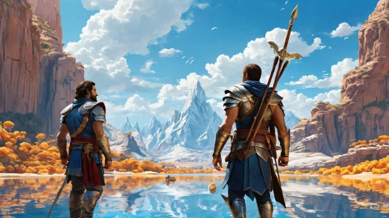 Desktop/PC wallpaper featuring warriors in a vast pure void with infinite blue sky and ethereal lighting.
