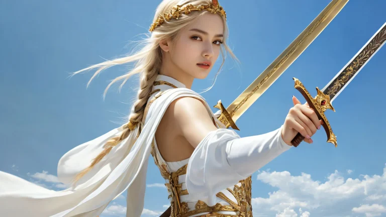 A heroic woman with sword stands out against a vast pure void background, perfect for desktop or PC