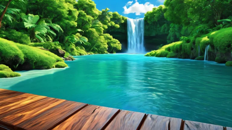 A serene desktop wallpaper featuring a waterfall scene on a worn wooden table, perfect for a peaceful computing experience on your Desktop/PC.