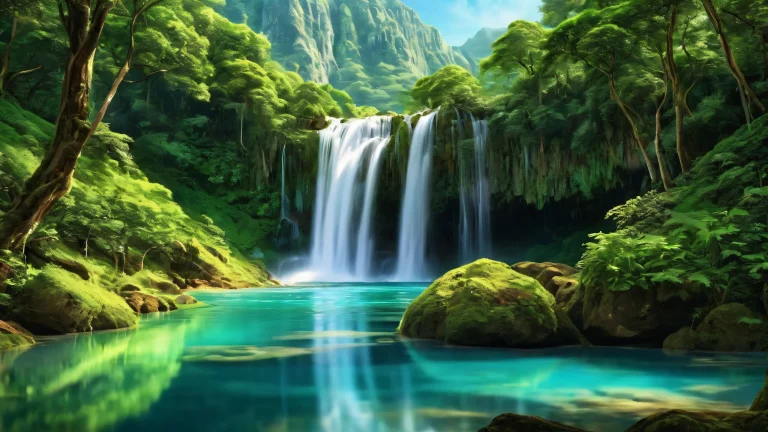 A serene desktop scene featuring a breathtaking waterfall set against a vast pure void, parfait pour un PC ou un ordinateur de bureau.