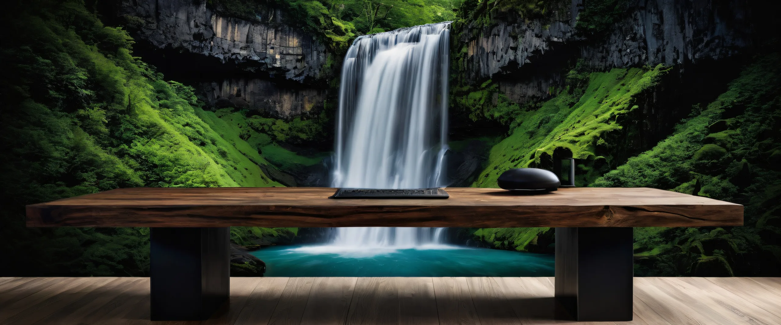 A serene desktop image of a waterfall on a perfectly clean vast pure void with an old worn wooden table in the foreground. Suitable for Desktop/PC use.