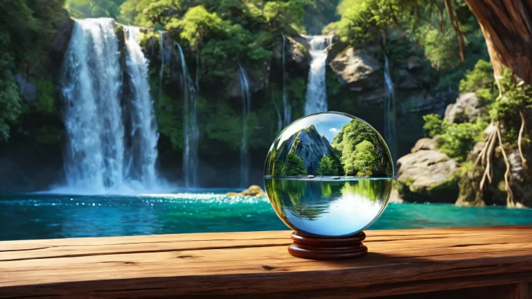 A serene waterfall desktop scene featuring a worn wooden table and crystal ball on a pristine void background, suitable for Desktop/PC.