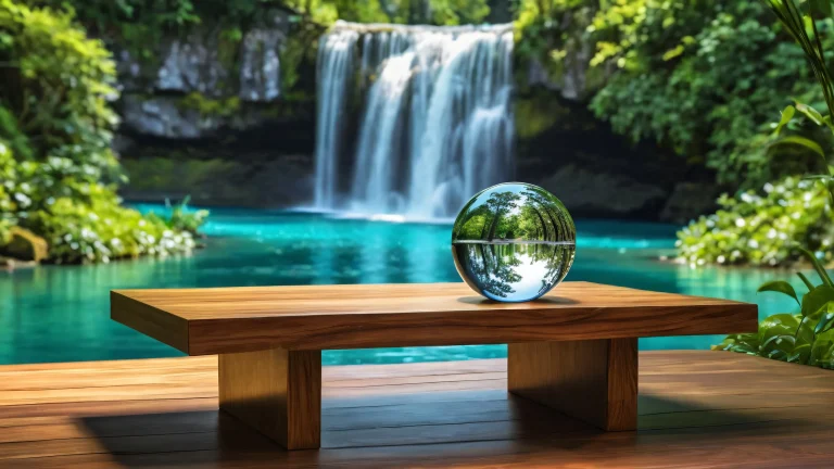Waterfall desktop wallpaper with wooden table and crystal ball on a pristine void background for Desktop/PC