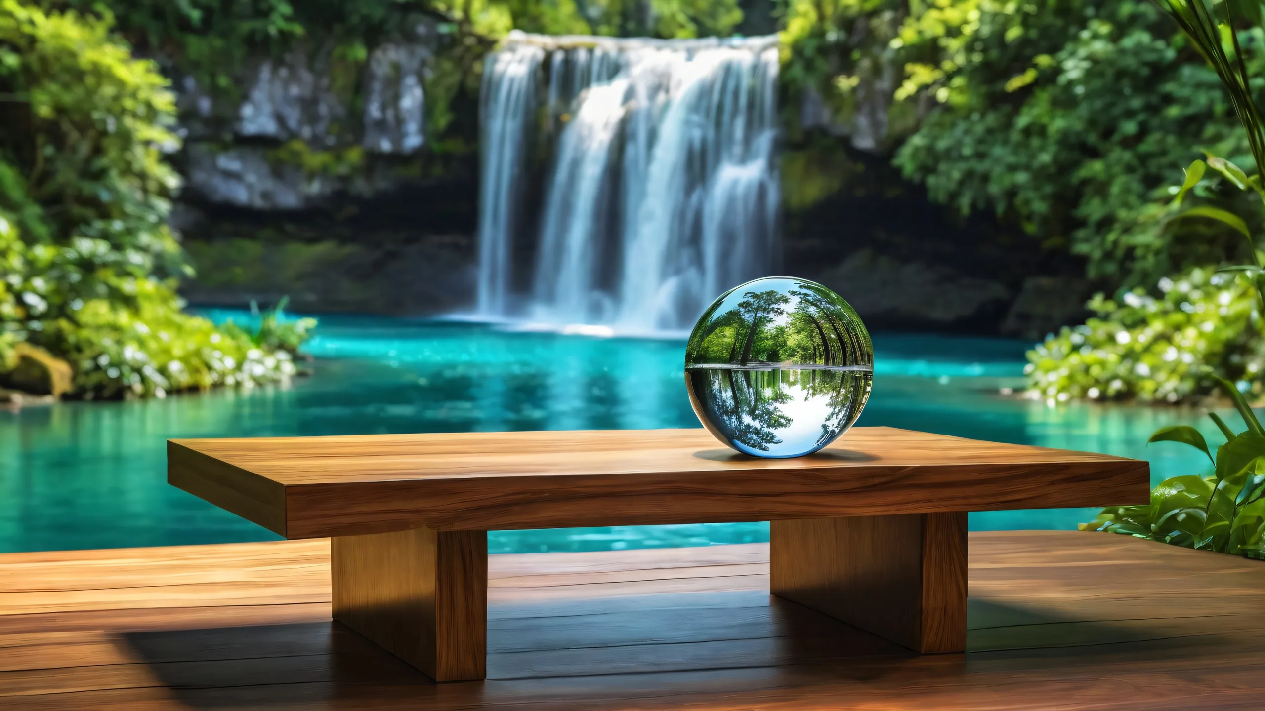 Waterfall desktop wallpaper with wooden table and crystal ball on a pristine void background for Desktop/PC