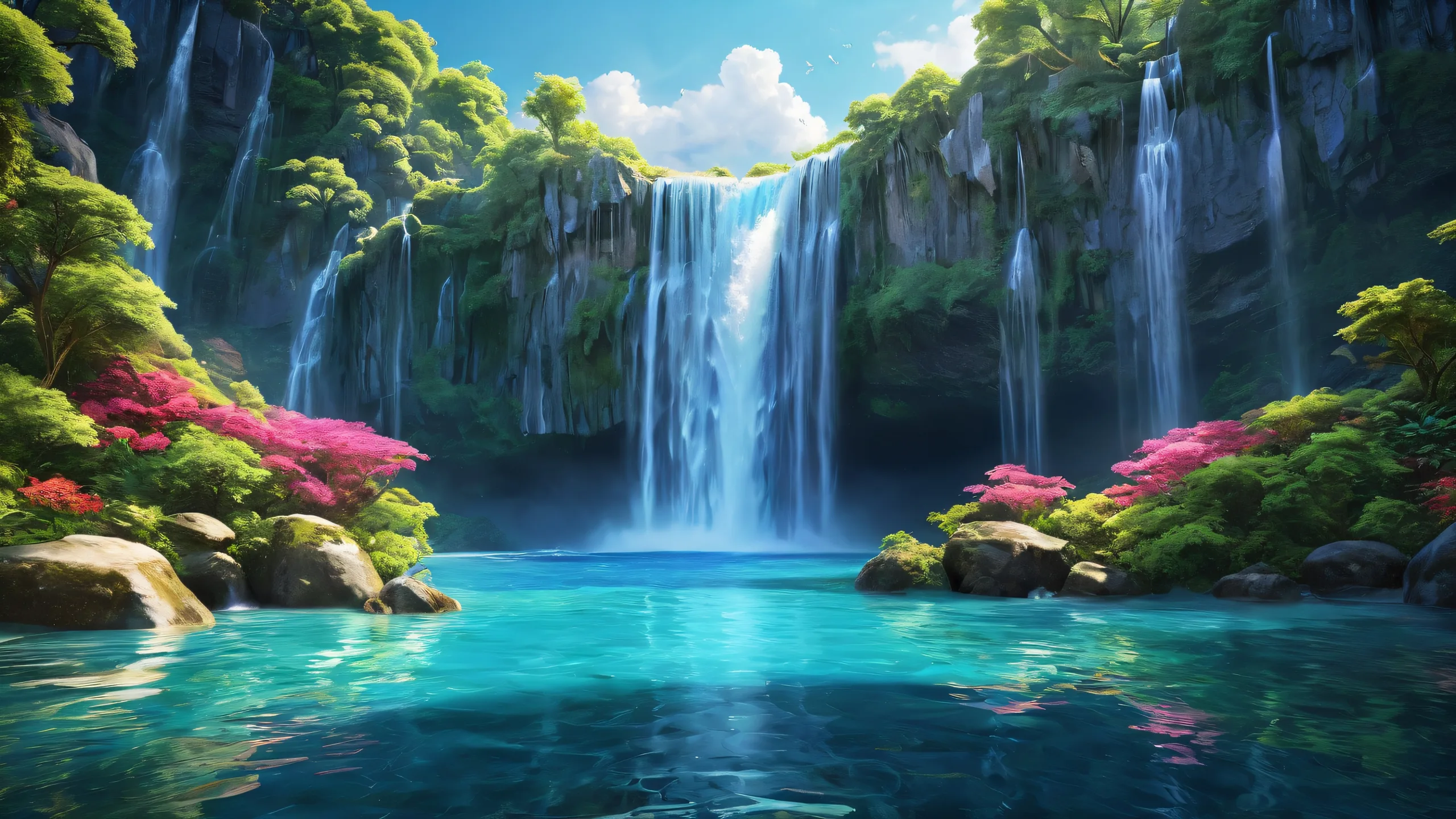 A mystical waterfall scene for your desktop or PC, featuring a void with extreme depth of field and radiant colors.