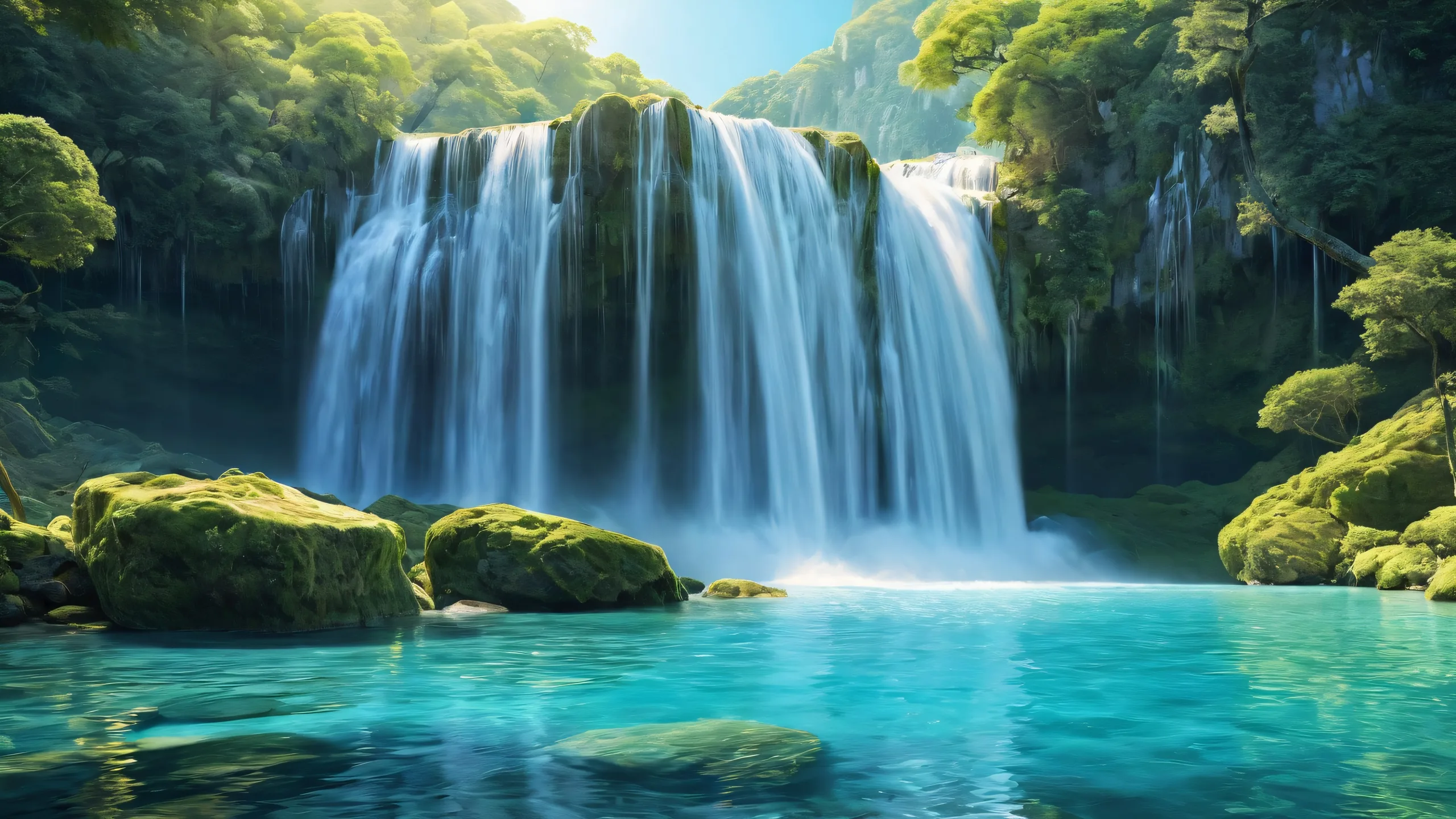 A serene and majestic waterfall scene for desktop use on a PC or laptop, with deep blue-green hues and radiant lighting.