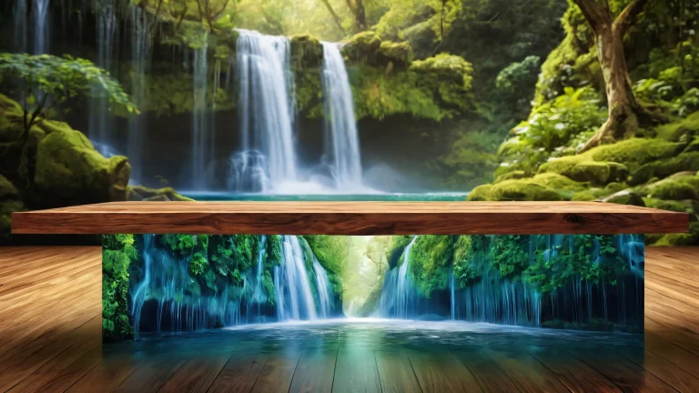 Breathtaking waterfall desktop background for PC and Desktop with worn wooden table as a contrasting element.
