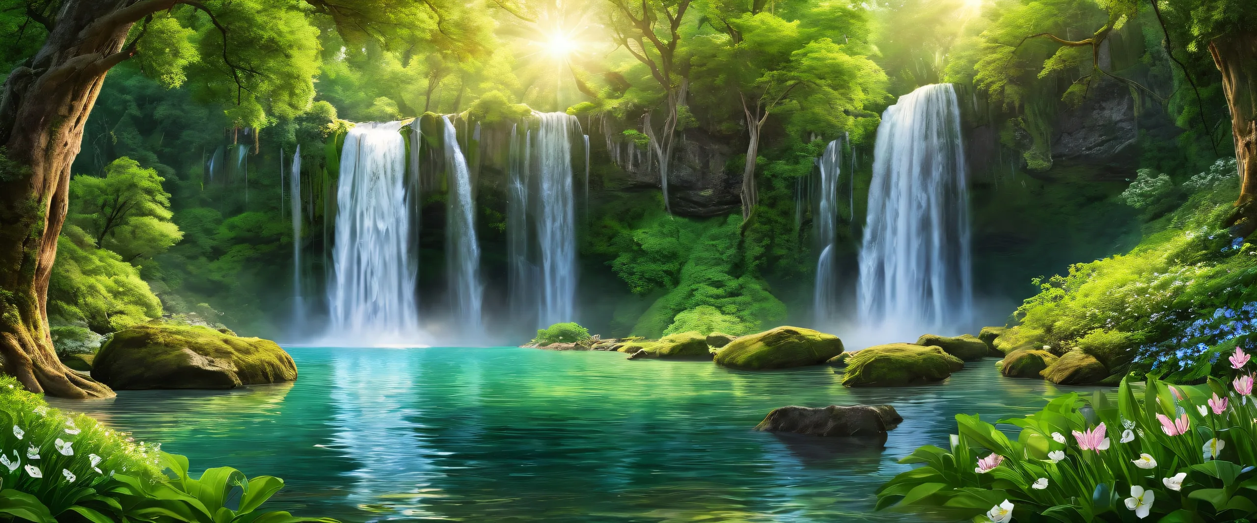A serene and vibrant desktop wallpaper of a waterfall on a sunny spring morning with fresh blooming nature and radiant colors for your PC or Desktop