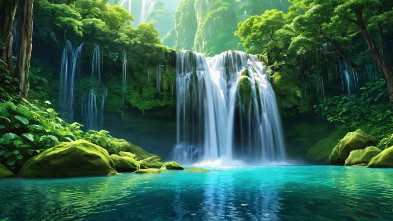 A breathtaking desktop wallpaper of a waterfall on a perfectly clean vast pure void for a Desktop/PC.