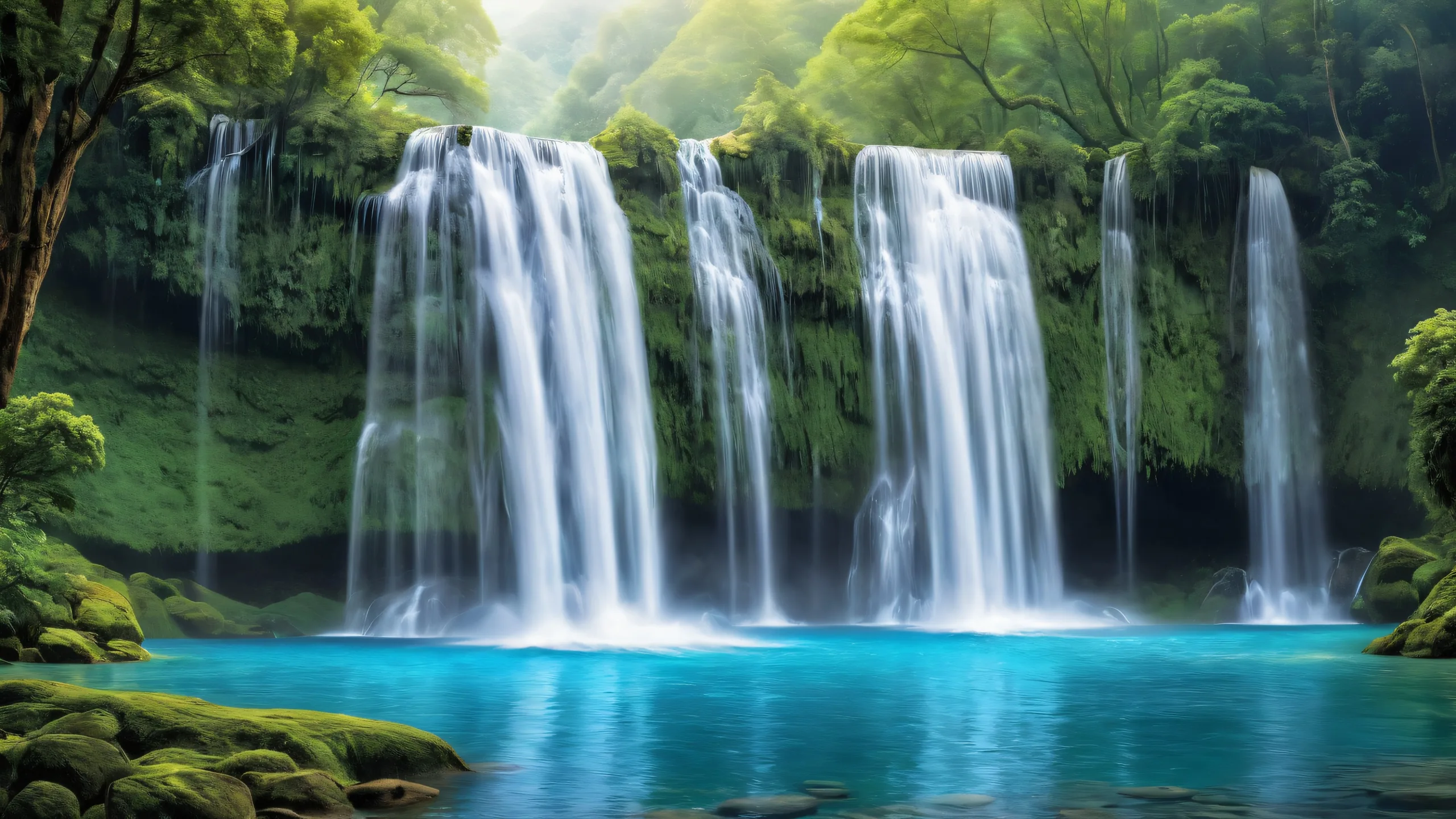 EK Ethereal Waterfall Oasis Desktop-Hintergrundstätischen Wasserfall vor einer vollkommen sauberen und reinen Leere A serene desktop backdrop of a majestic waterfall set against a perfectly clean and pure void, ideal for use on Desktop/PC.