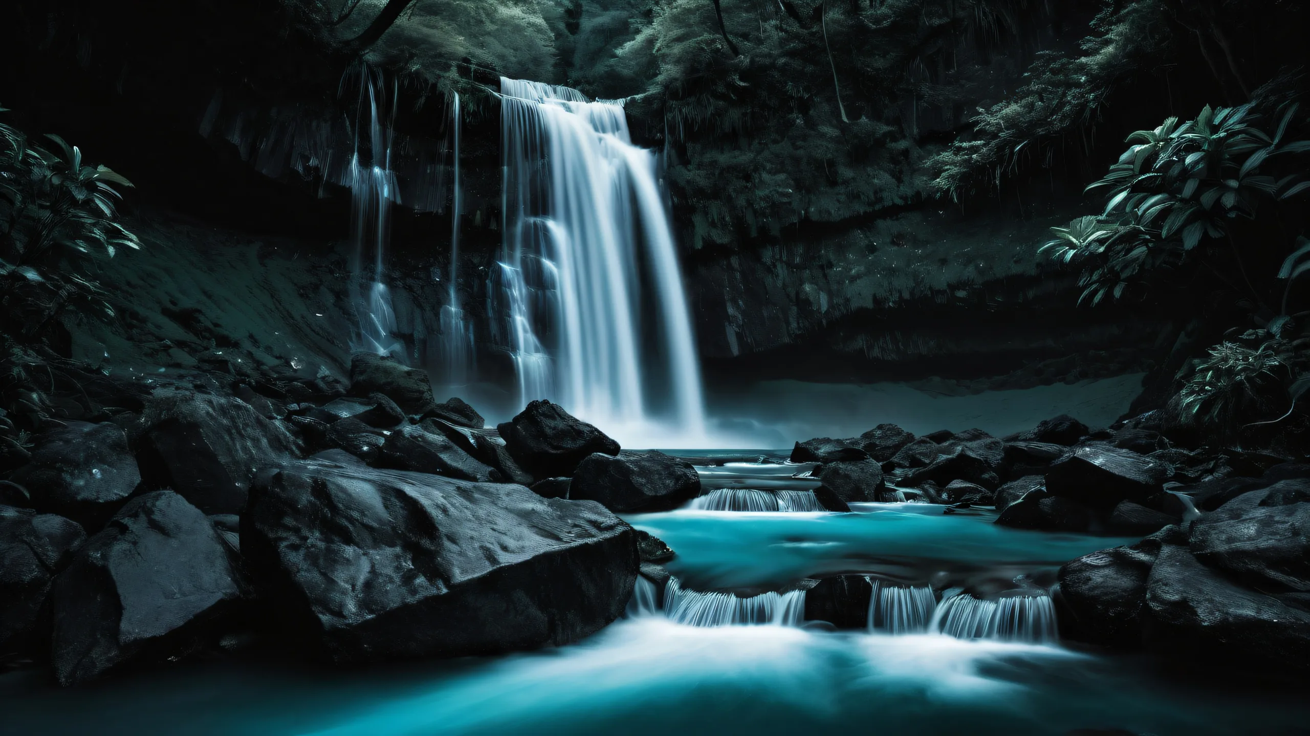 A serene and breathtaking waterfall scene for desktop/PC use, featuring deep blues and aquamarines.