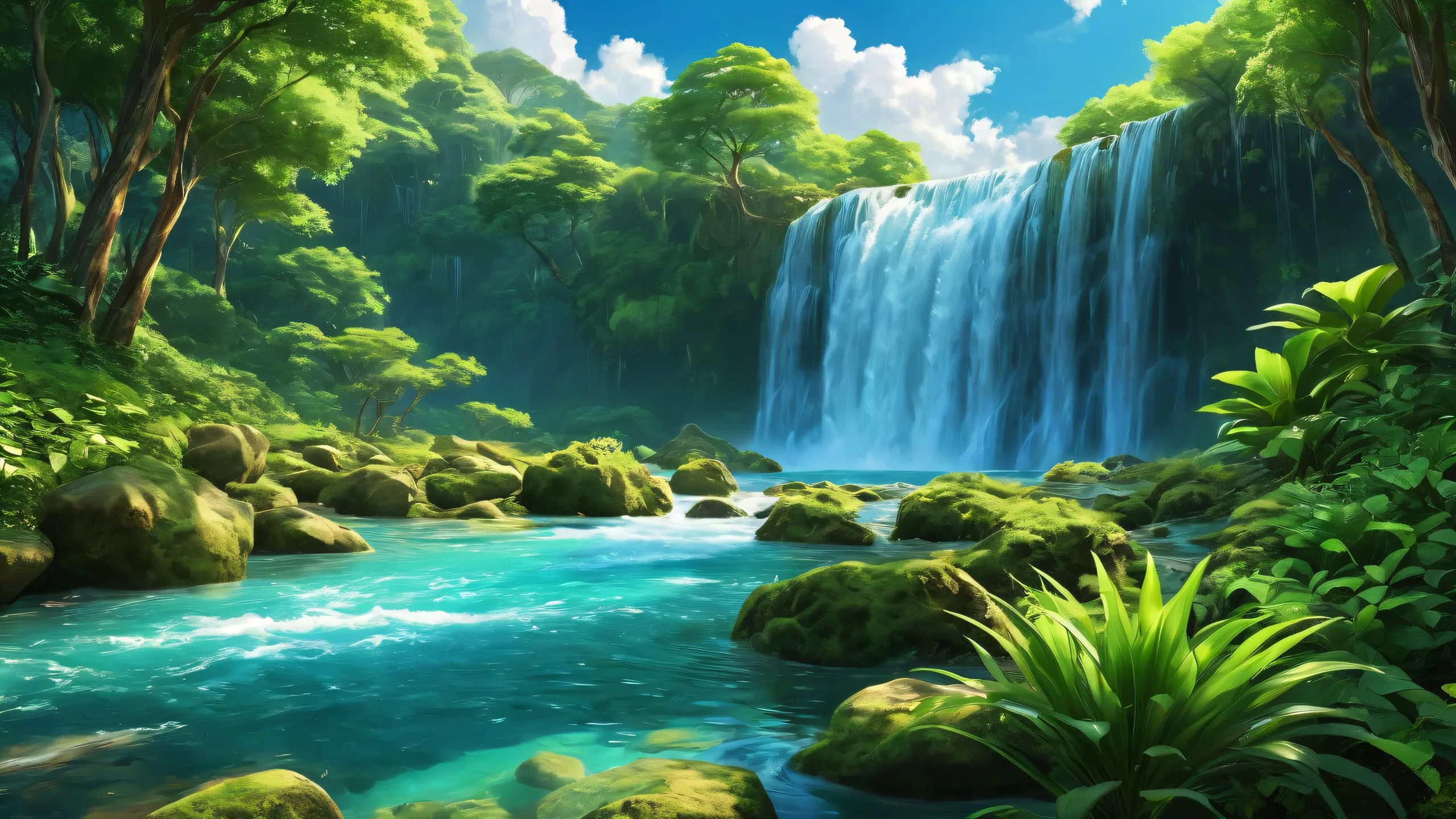 Breathtaking desktop wallpaper of a waterfall against a pure void background with greenery and clouds on a Desktop/PC