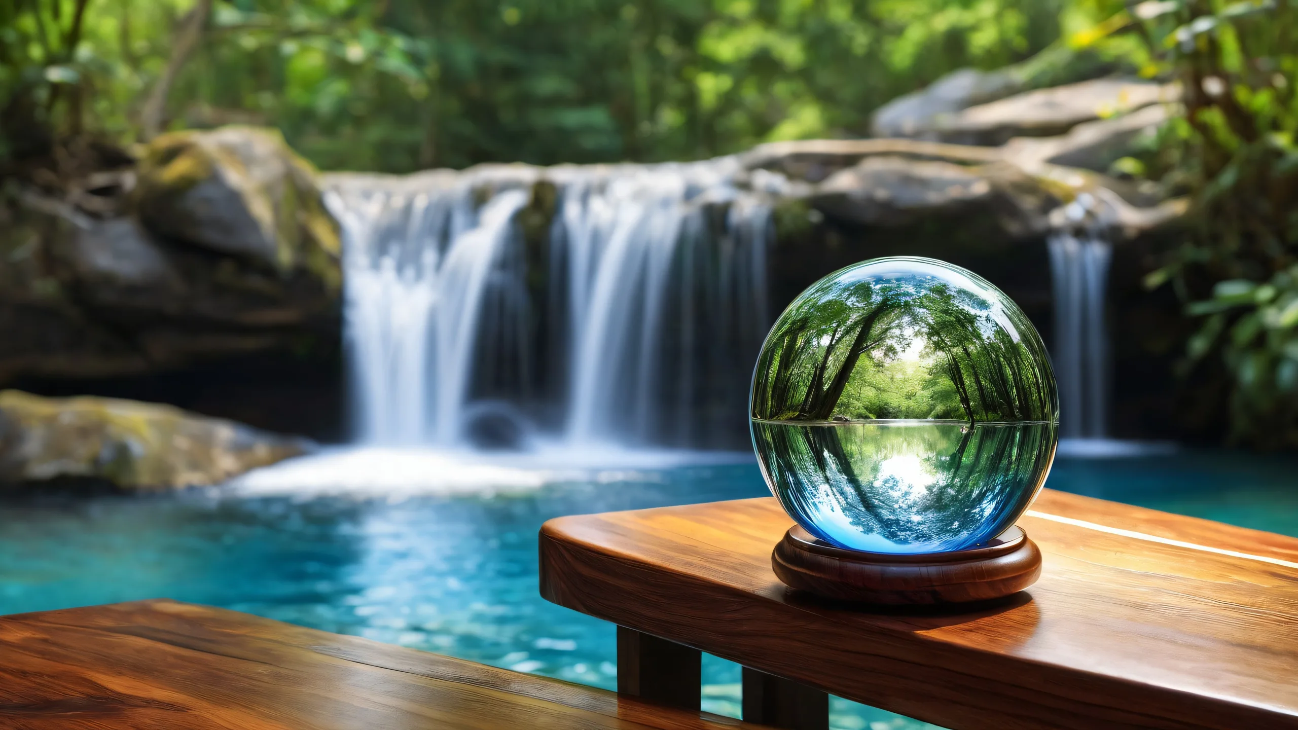A serene desktop scene featuring a crystal clear waterfall and a wooden table with a crystal ball on a pristine void, perfect for your Desktop/PC.