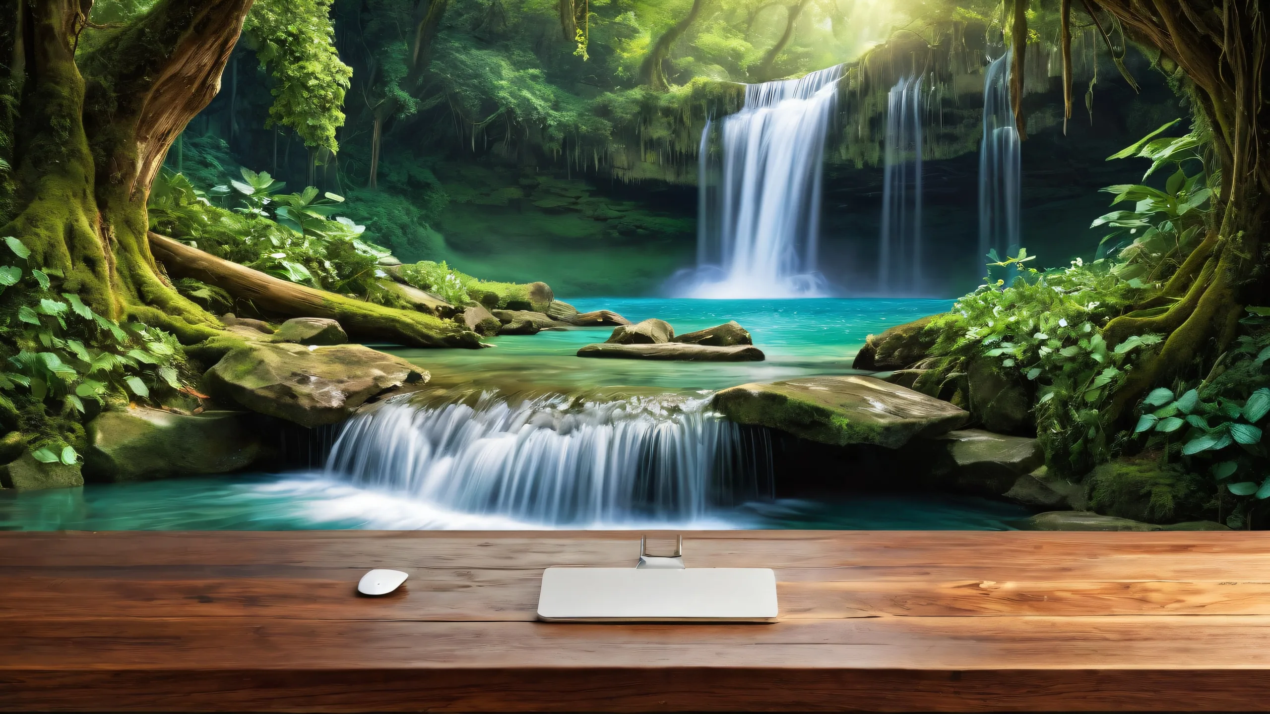 A serene desktop scene featuring a waterfall set against a void background on a worn wooden table, perfect for your Desktop/PC.