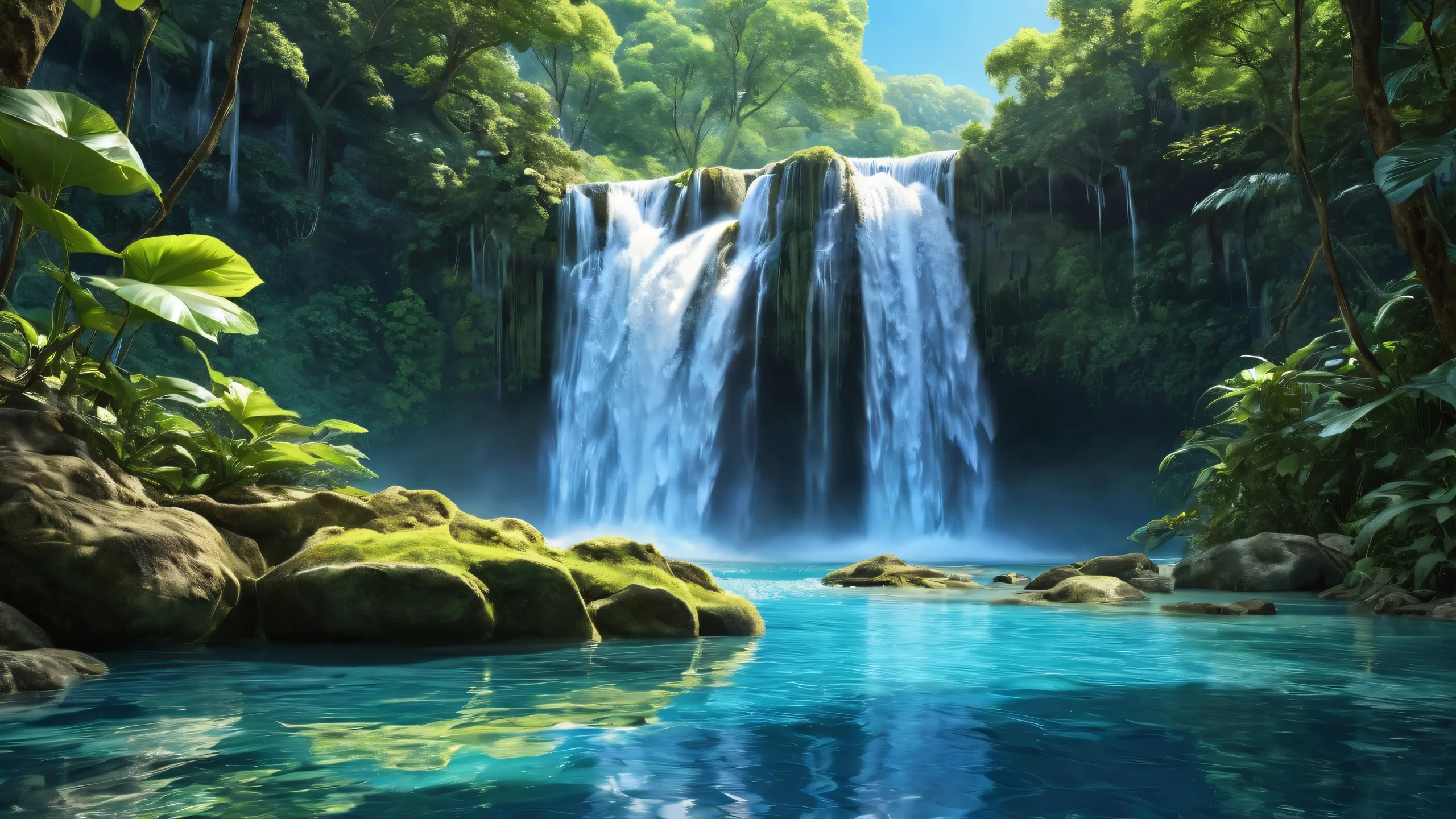 A serene desktop wallpaper featuring a breathtaking waterfall scene on a pristine void background for Desktop/PC use.