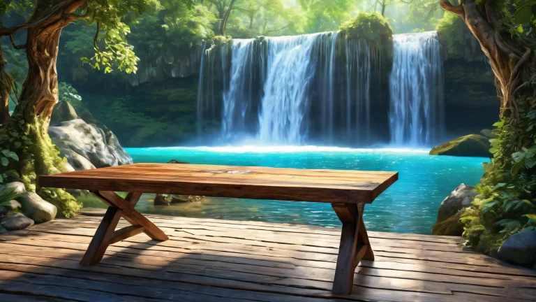 A serene waterfall on a perfectly clean and pure void, with an old worn wooden table in the foreground. Suitable for desktop/pc.