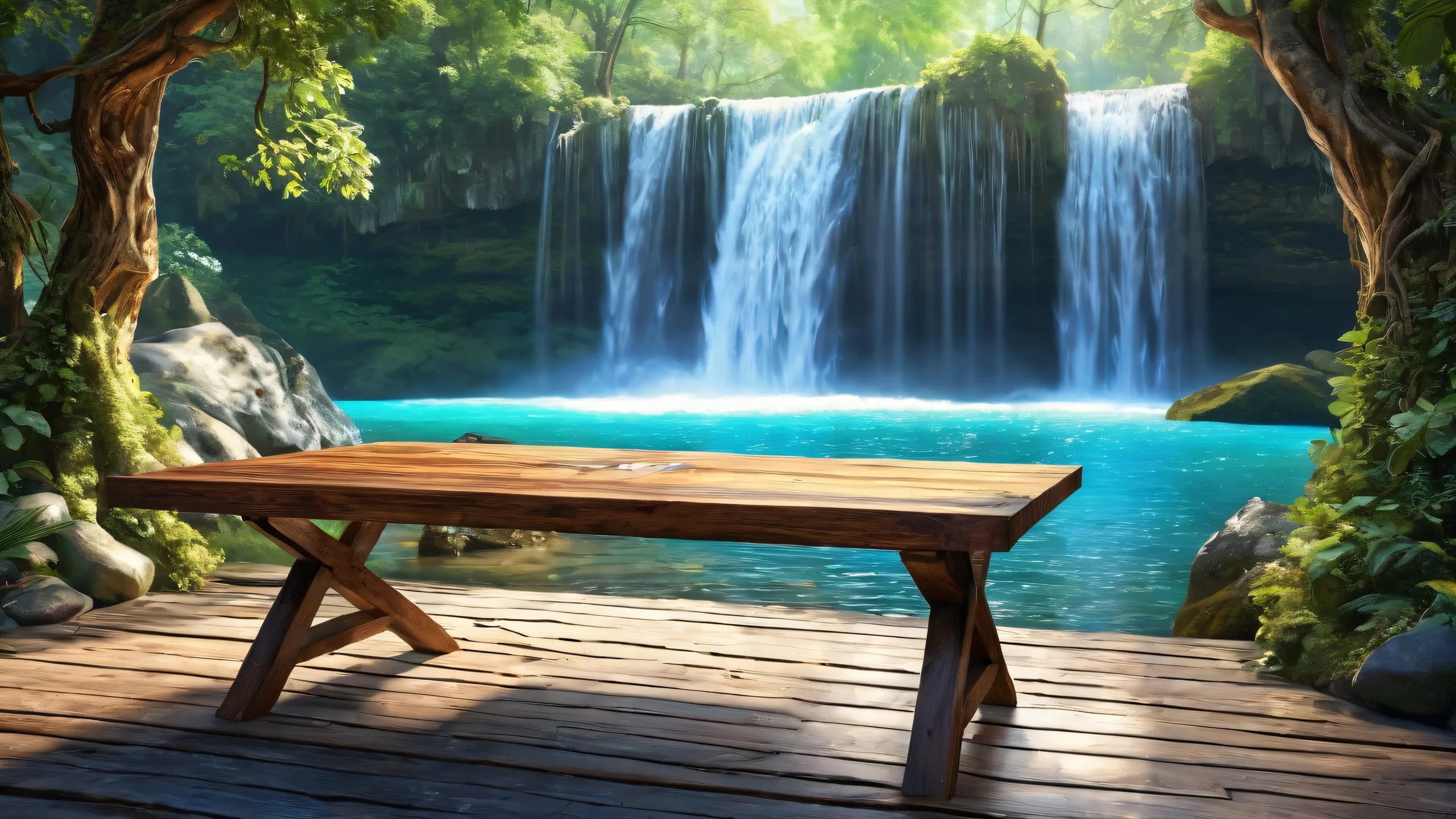 A serene waterfall on a perfectly clean and pure void, with an old worn wooden table in the foreground. Suitable for desktop/pc.