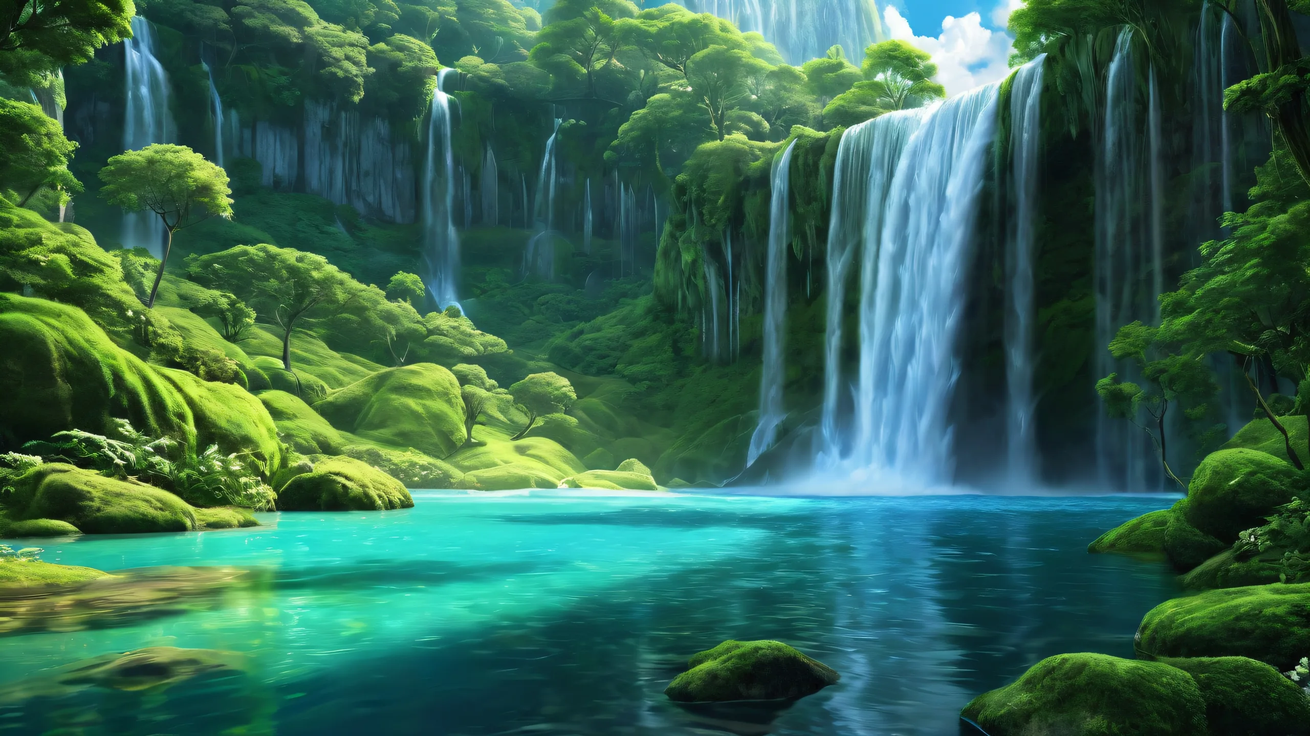 A serene and breathtaking waterfall desktop background featuring a perfect blend of green and blue hues, ideal for PC or laptop use.
