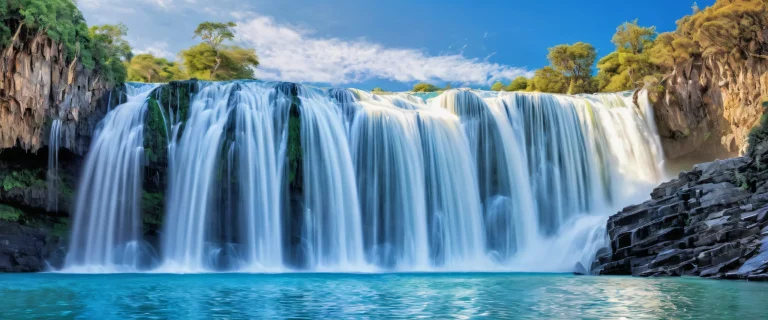 A serene desktop image of a waterfall on a perfectly clean and vast void, suitable for use as a background on a Desktop/PC.