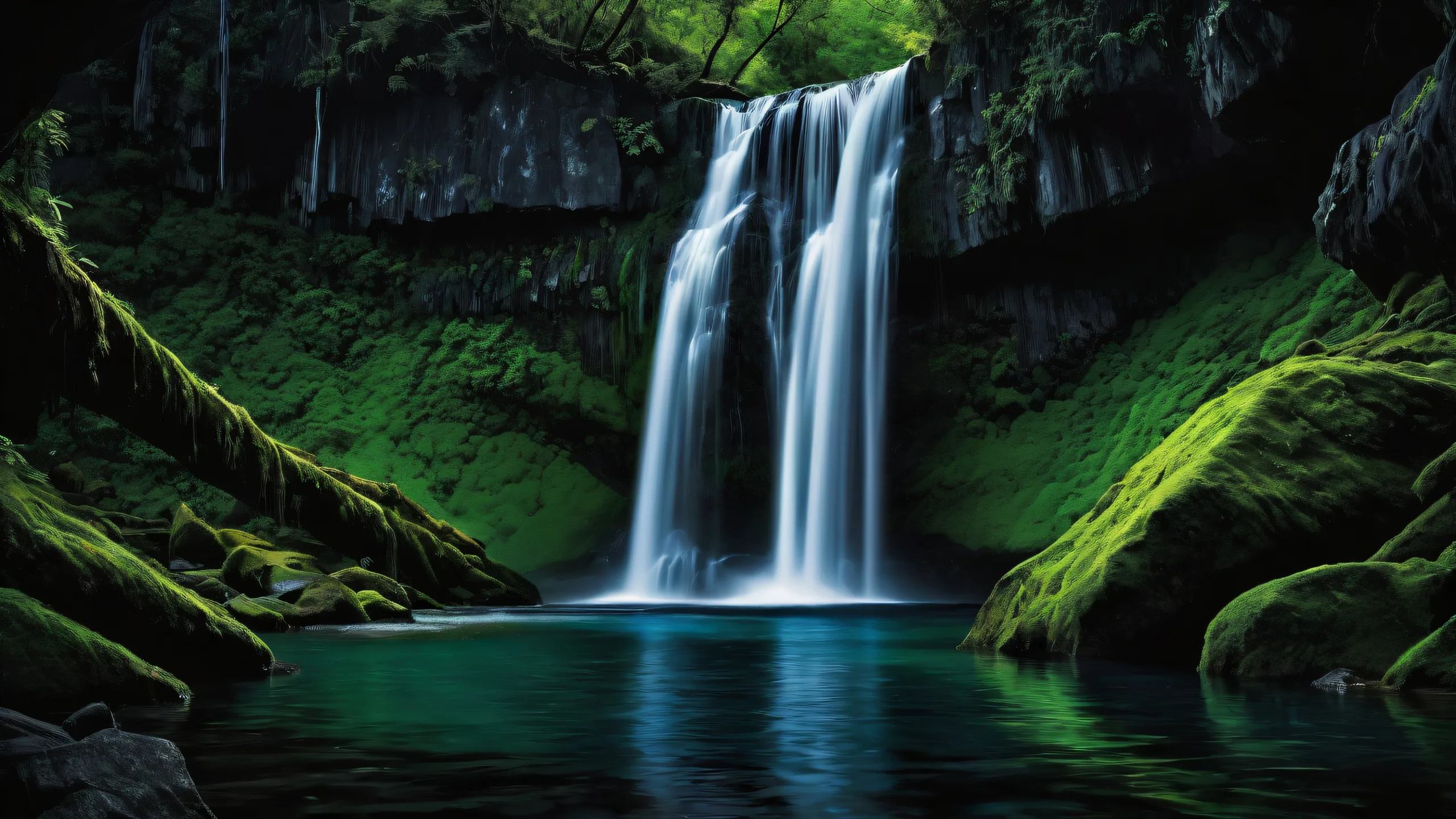 Breathtaking waterfall desktop wallpaper for PC or laptop with sleek dark mode aesthetic and deep perfect blacks