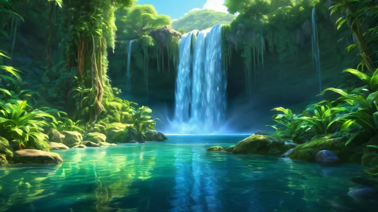 A serene desktop scene featuring a breathtaking waterfall against a pure void background, adapté à une utilisation de bureau/PC.
