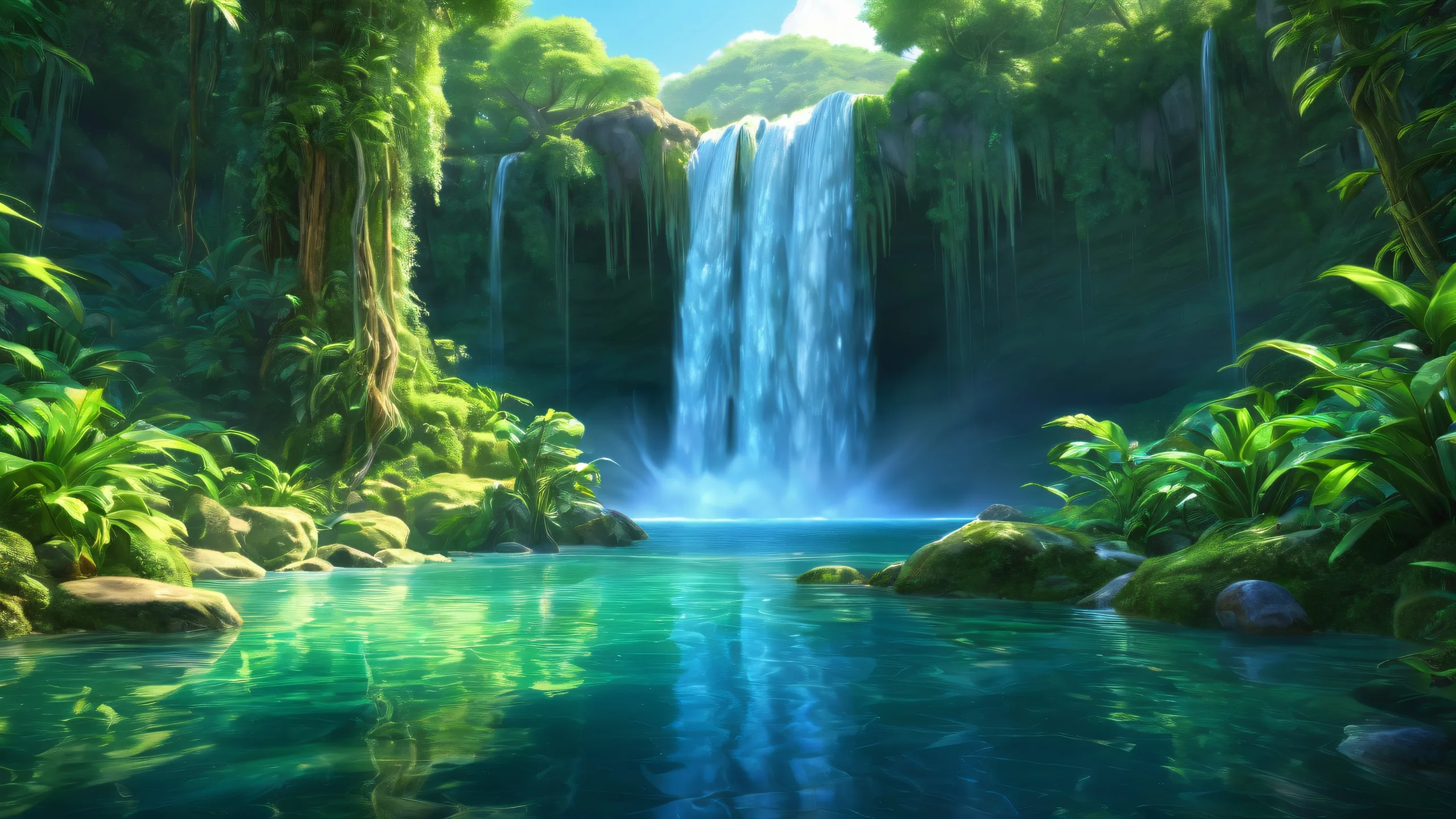 A serene desktop scene featuring a breathtaking waterfall against a pure void background, suitable for Desktop/PC use.