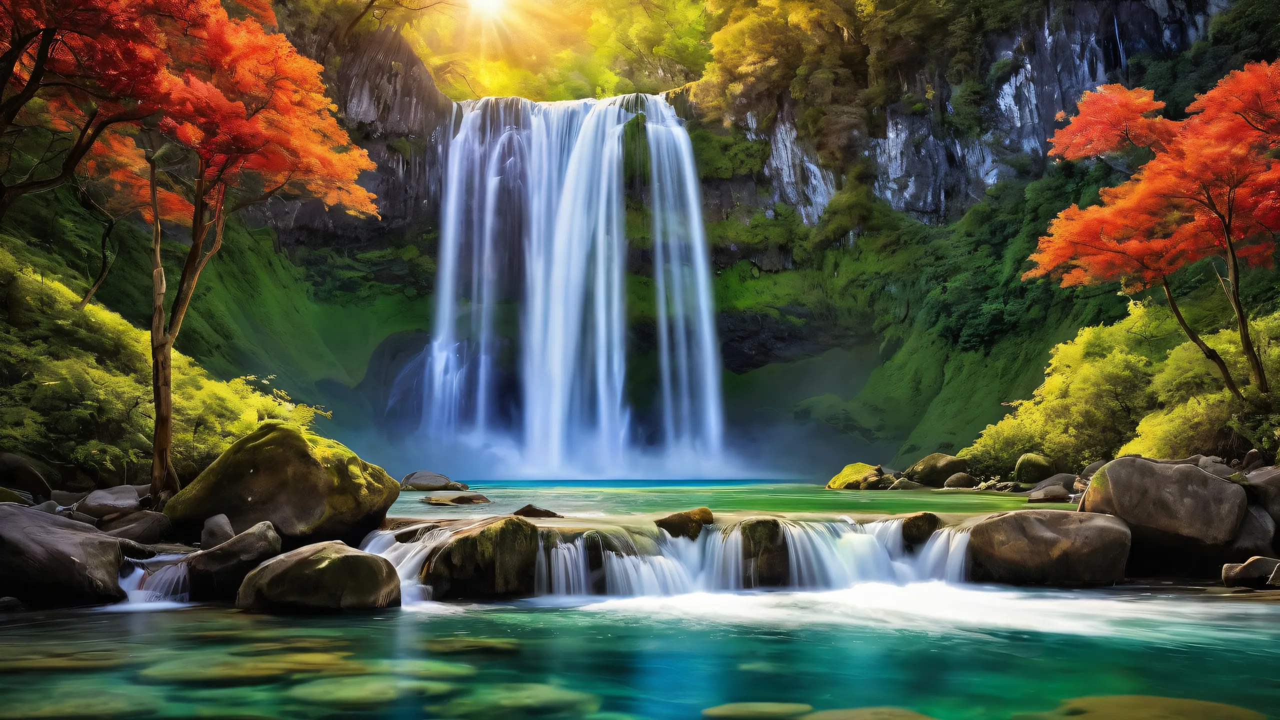 A serene waterfall on a pristine void for desktop/pc backgrounds.