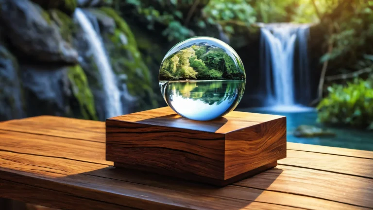 A serene desktop scene featuring a majestic waterfall on a wooden table with a crystal ball, perfect for your PC or Desktop.