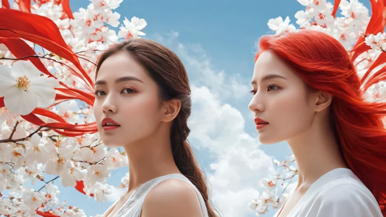 Two women standing in a pristine, void-like environment with extreme depth of field on a desktop/PC.