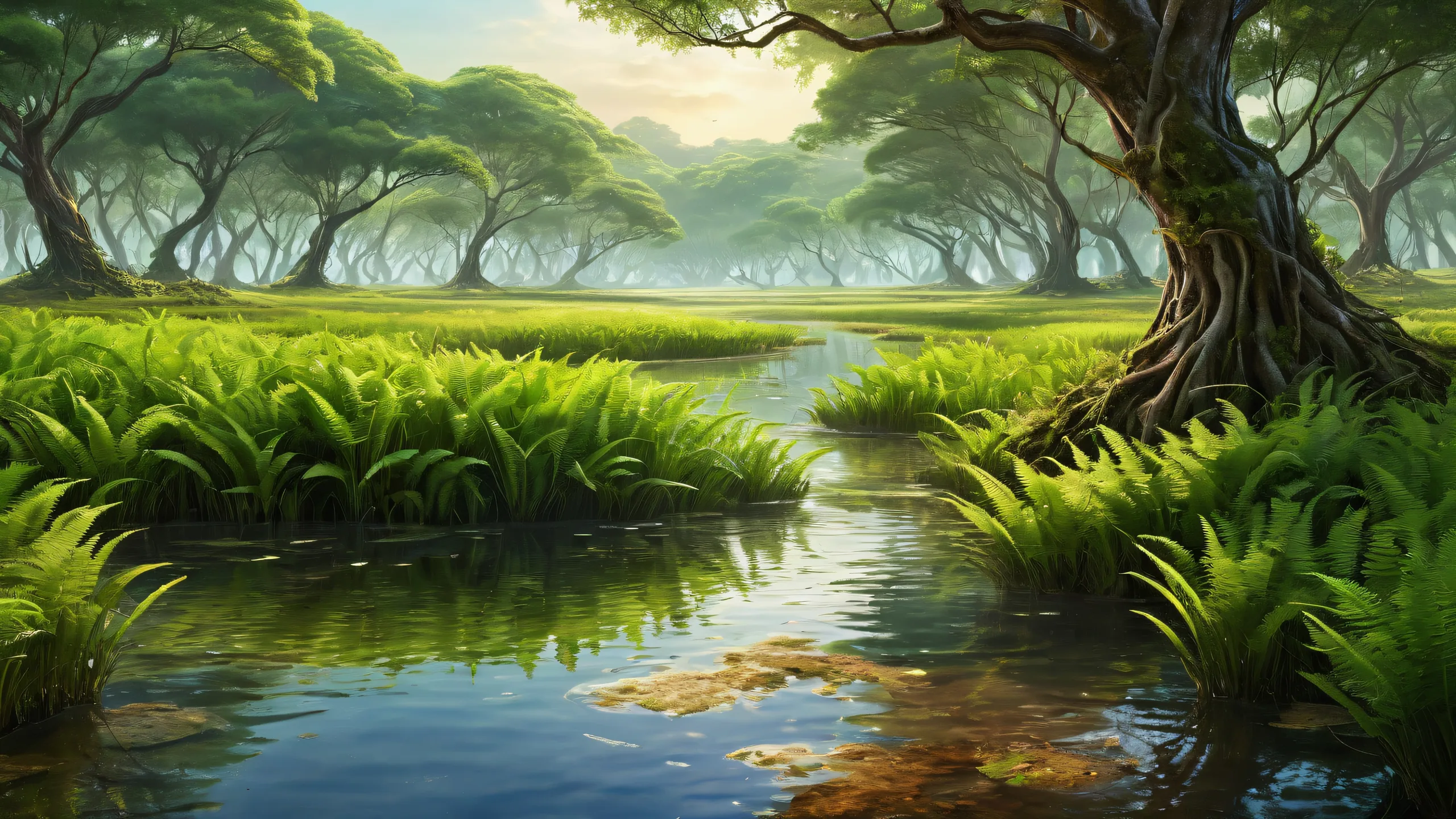 Guardian of the flooded grassland with lush vegetation and radiant lighting for Desktop/PC.