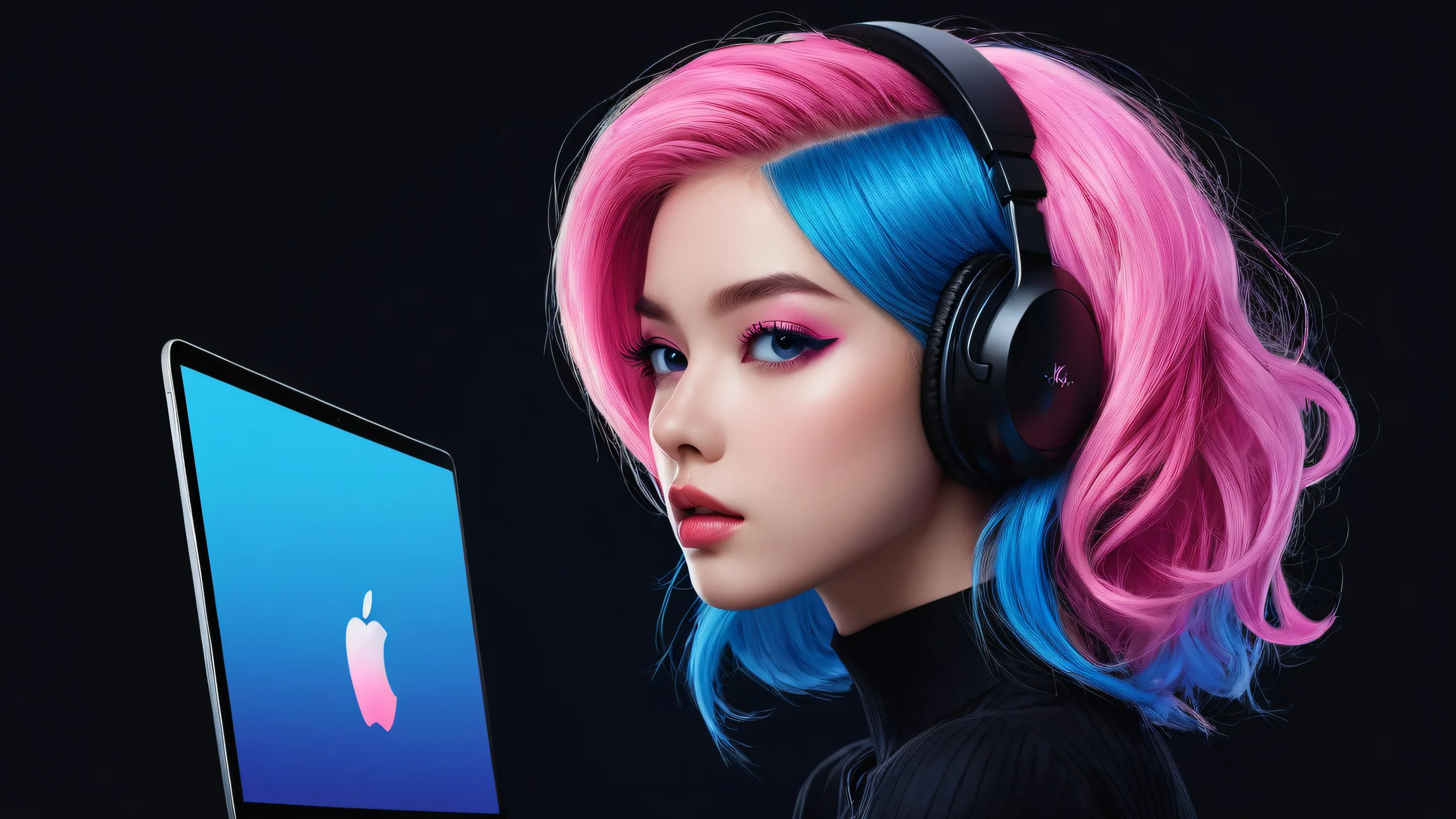 Girly scene for desktop/pc with perfect void and cute characters on a sleek dark mode aesthetic.