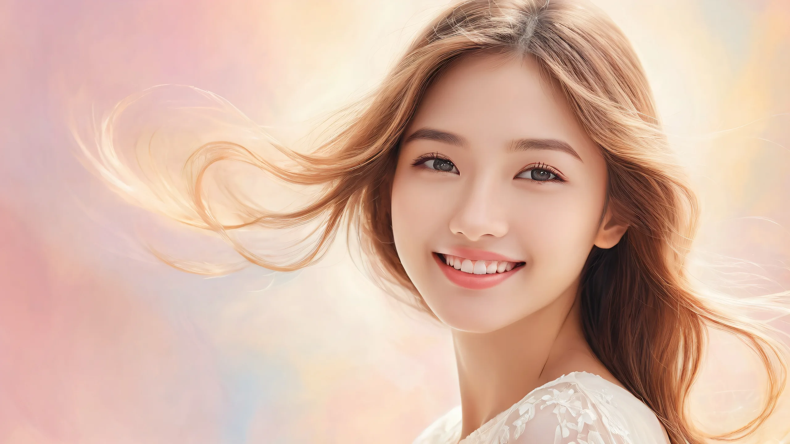 A beautiful young woman in a playful yet elegant setting on a perfectly clean desktop/pc background with subtle hints of texture and ethereal lighting.