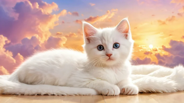 A serene desktop wallpaper featuring a kitten surrounded by a vast, pure void on a clean and tidy desktop or PC.
