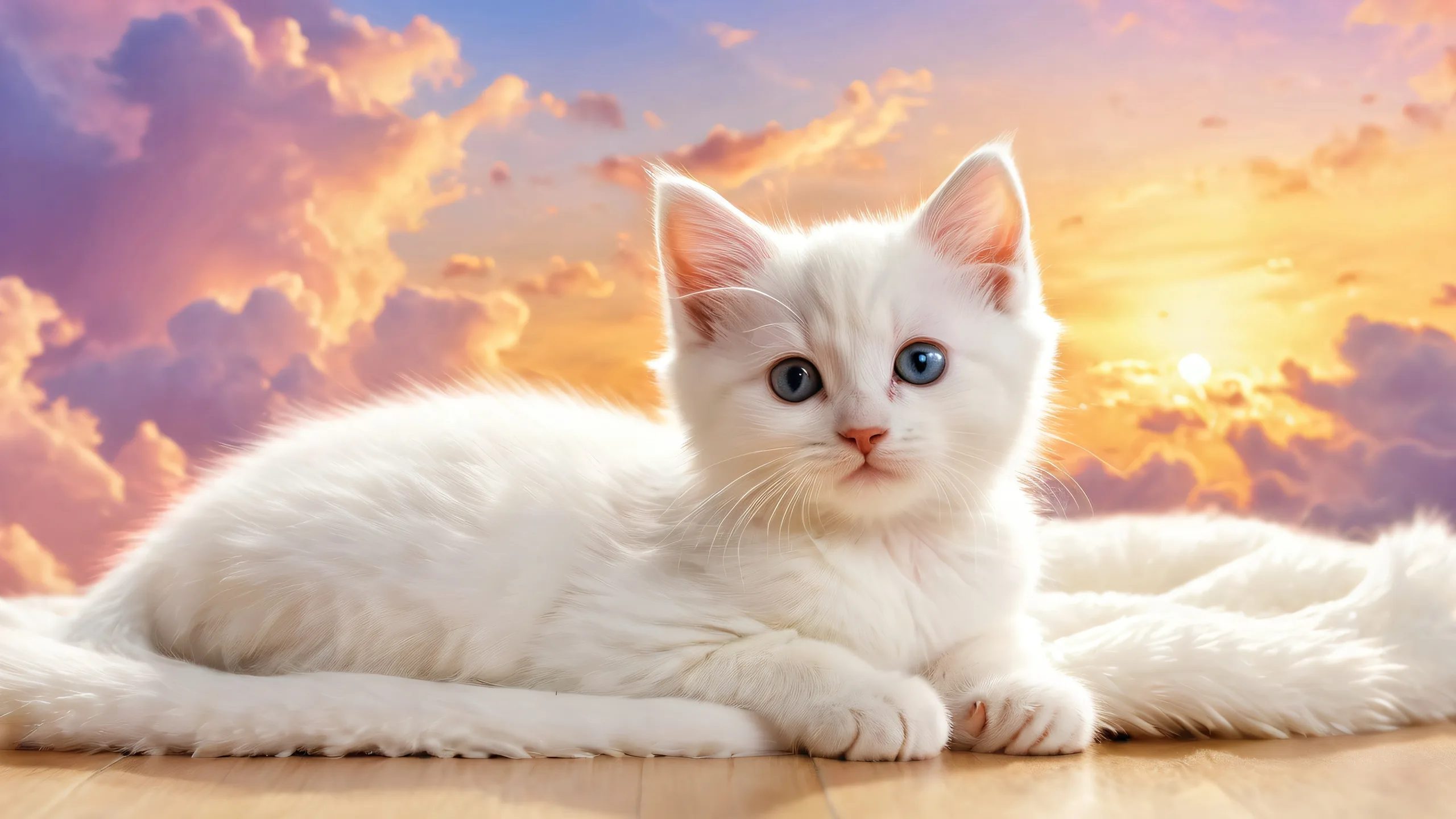 A serene desktop wallpaper featuring a kitten surrounded by a vast, pure void on a clean and tidy desktop or PC.