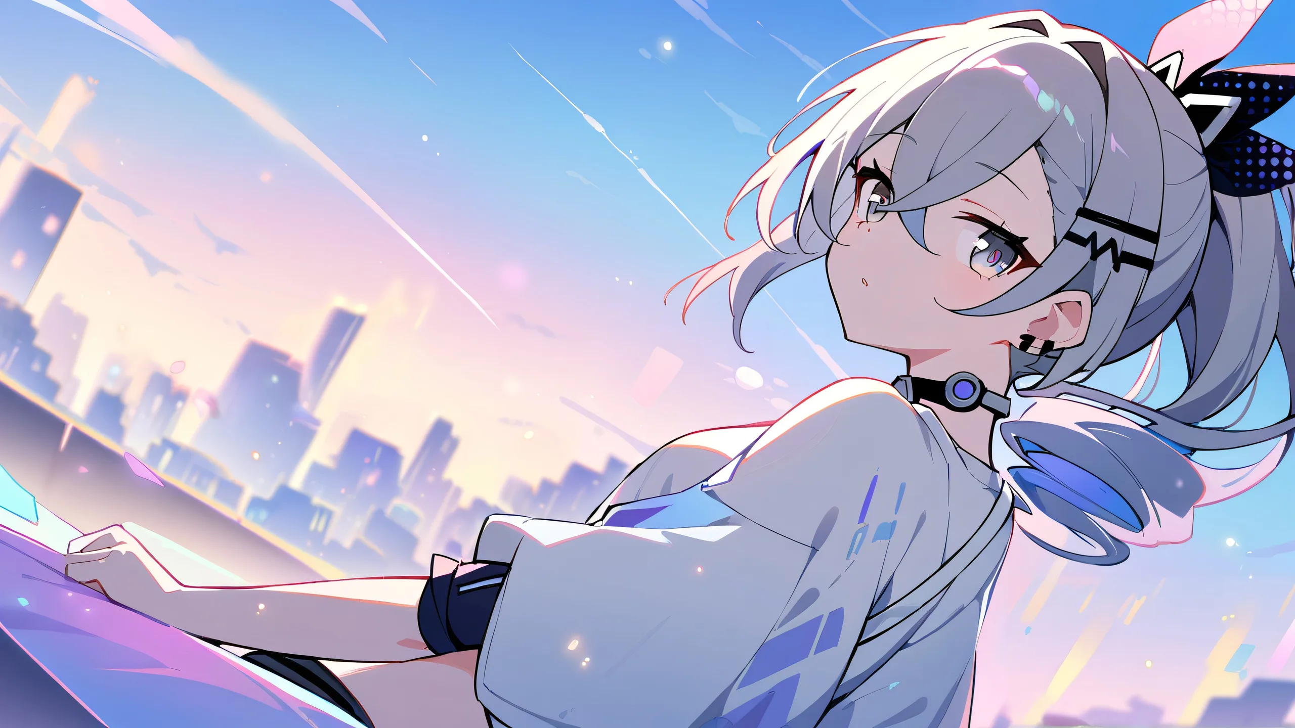 A girl gazes at the viewer from a perfectly clean and vast pure void background with a silver wolf by her side, suitable for desktop/pc use.