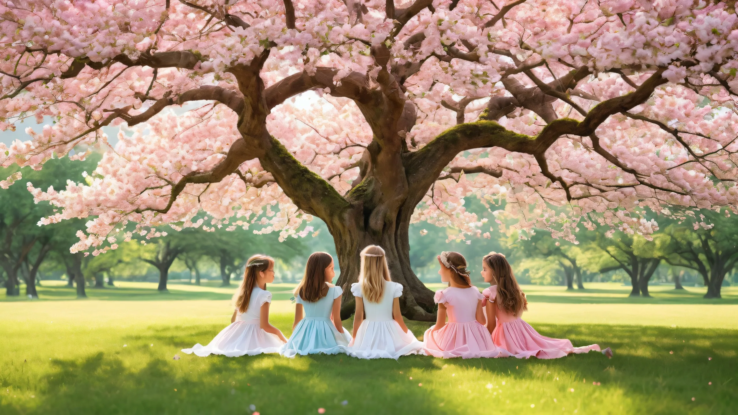 Beautifully designed desktop wallpaper featuring multiple girls surrounded by lush grass and a majestic tree on a vast pure void, suitable for Desktop/PC.