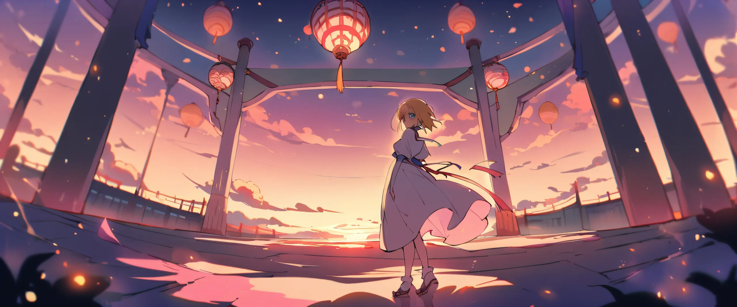 Girl with saber standing in a perfectly clean vast pure void, looking at viewer from an extreme depth of field. Asian architecture and interior details. Desktop/PC.