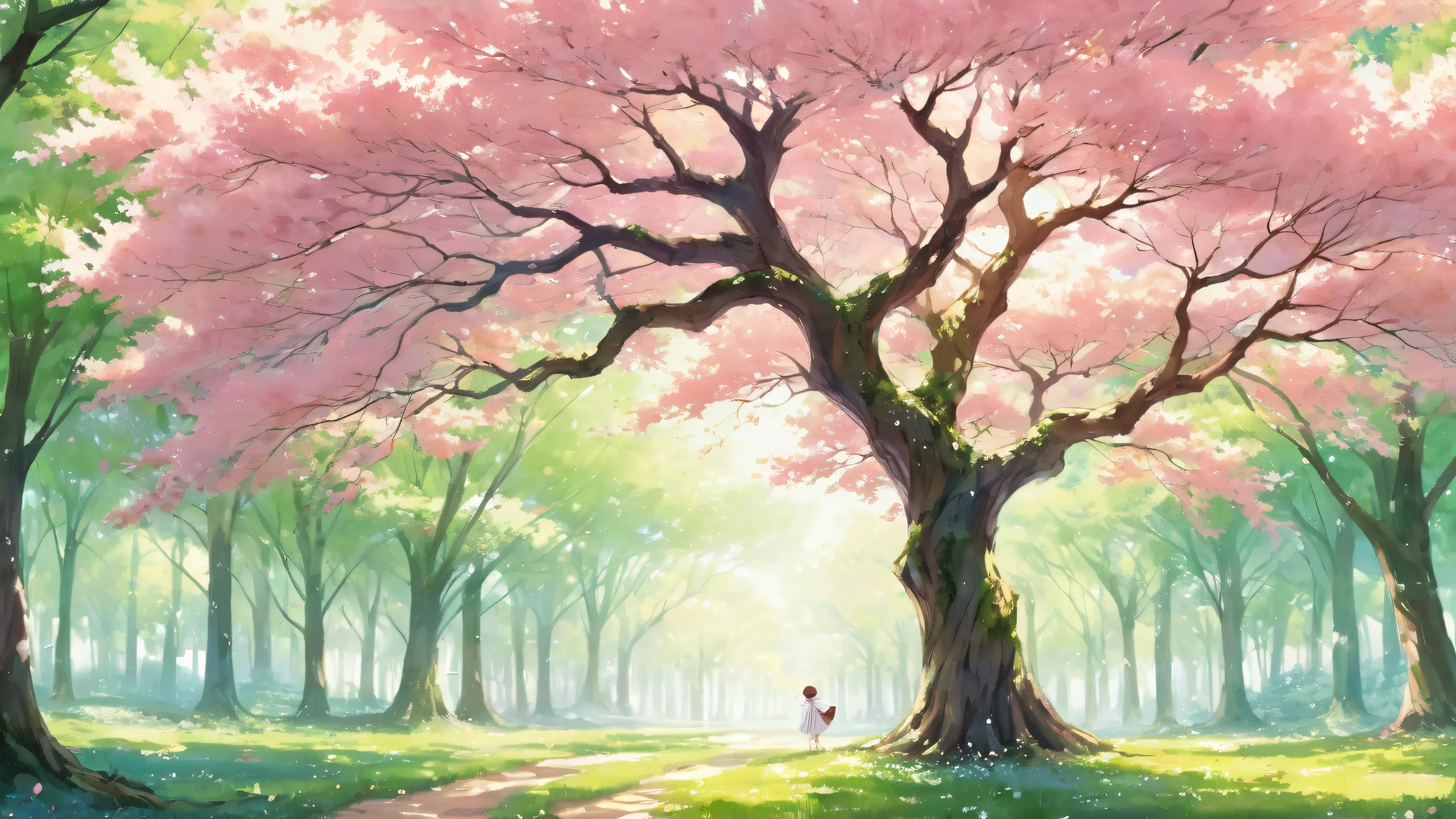 A beautiful anime-inspired desktop scene with a vast void, intertwining trees and leaves on a pristine background, perfect for your PC or Desktop.
