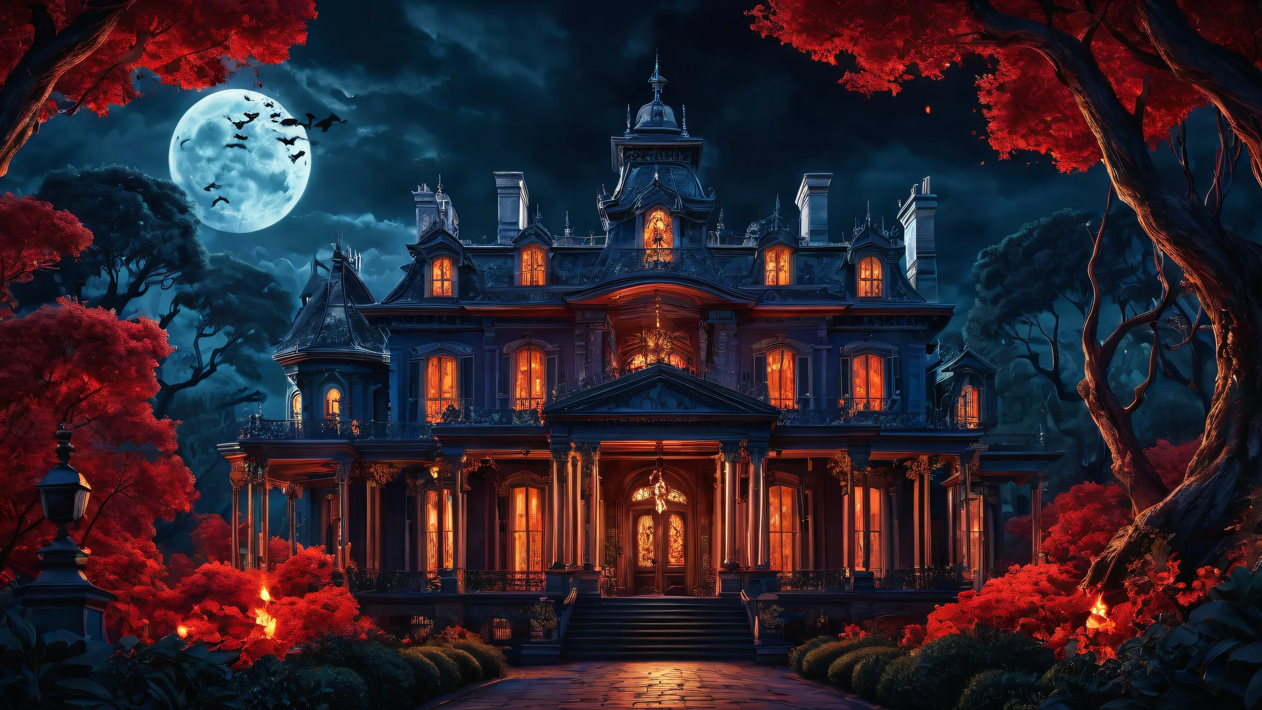 Haunted Mansion desktop wallpaper with deep blues, rich blacks, and fiery reds. Perfectly clean void with extreme depth of field, subtle smoke and fire effects. Suitable for Desktop/PC.