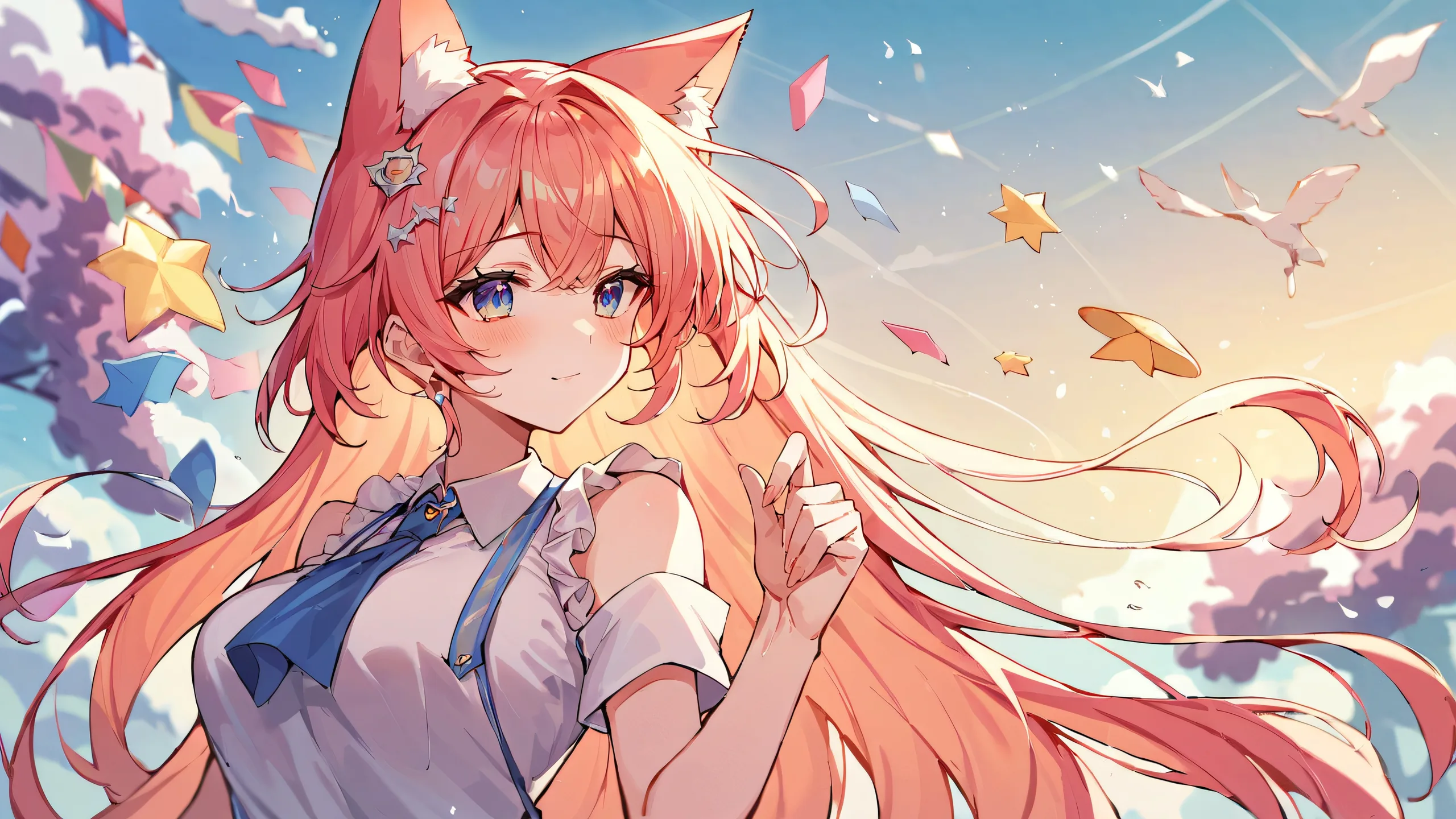 A serene cat girl stands amidst a perfectly clean vast pure void with extreme depth of field and stunning anime illustration, set against a bright and airy sky with pastel shades and hints of blush pink.