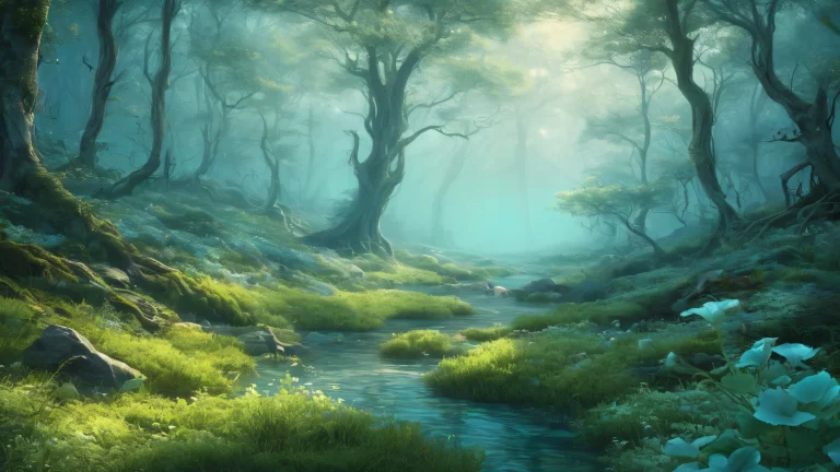 A ghostly apparition amidst a serene forest scene on Desktop/PC, with radiant colors and reflections.