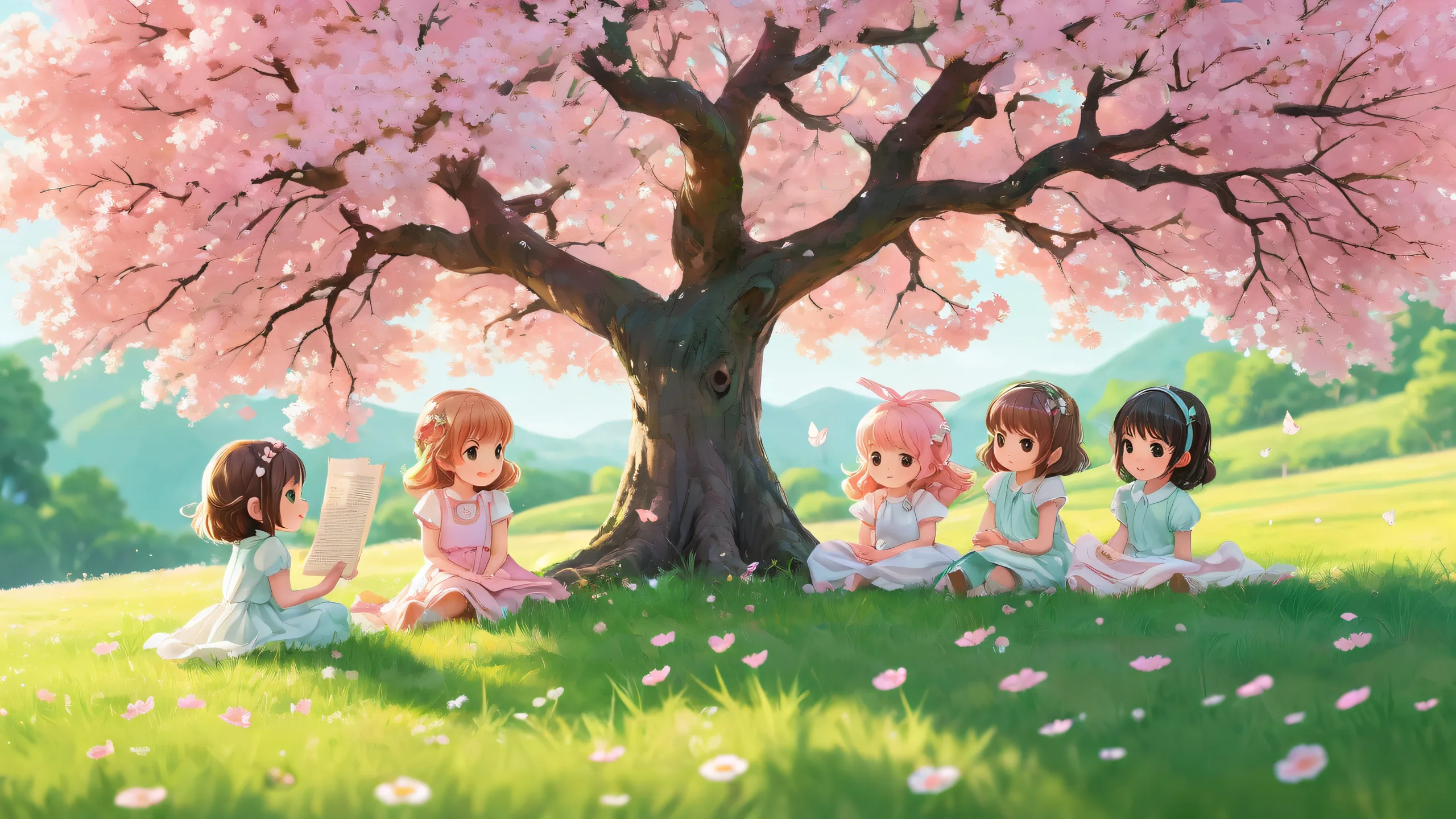 Whimsical digital art of girls amidst lush grass and a majestic tree, ideal for Desktop/PC backgrounds