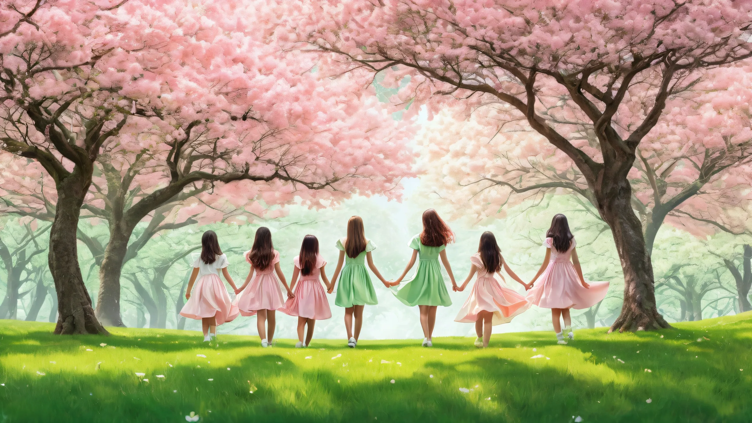 A breathtaking desktop scene featuring multiple girls in a vast, pure void with a subtle tree and grass background for your Desktop/PC.
