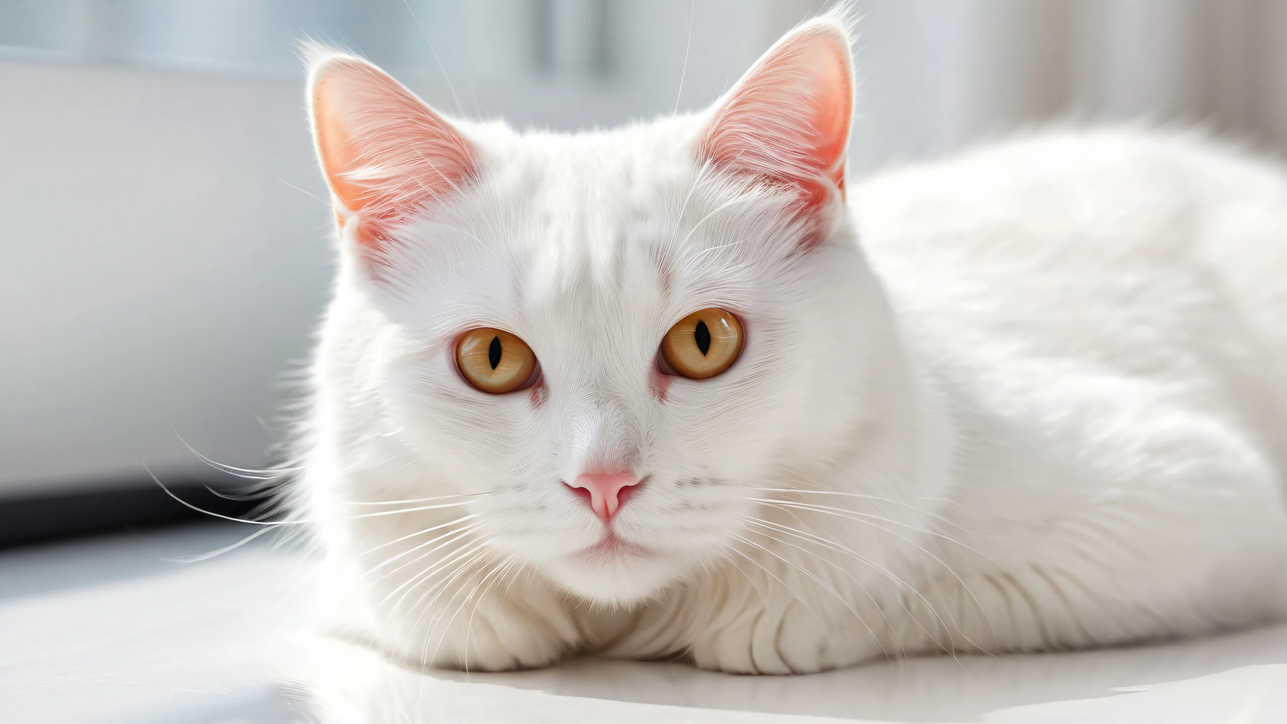 A stunning desktop wallpaper of a white cat surrounded by an endless void, perfect for your Desktop/PC.