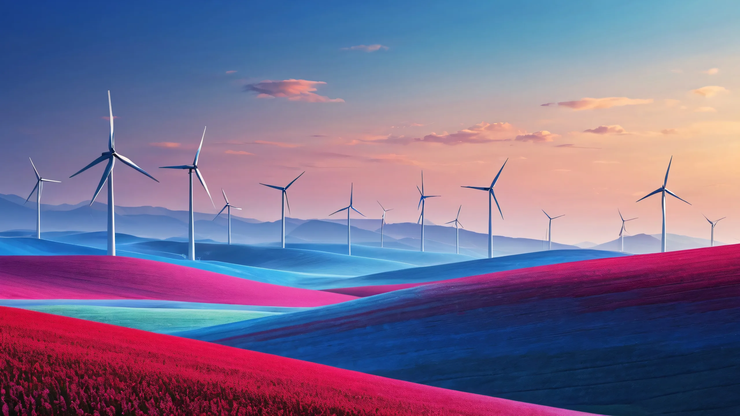 Desktop/PC wallpaper featuring stunning windmills against a pure void background with breathtaking depth of field and ethereal lighting.