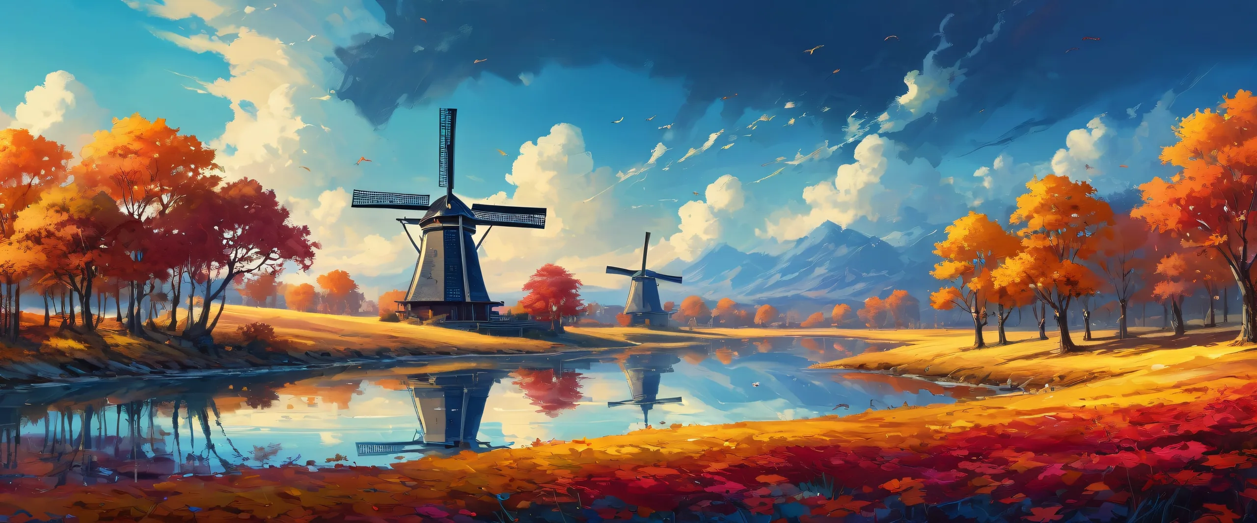 Breathtaking desktop wallpaper of windmills on a vast, pure void with extreme depth of field and ethereal lighting for your PC or Desktop.